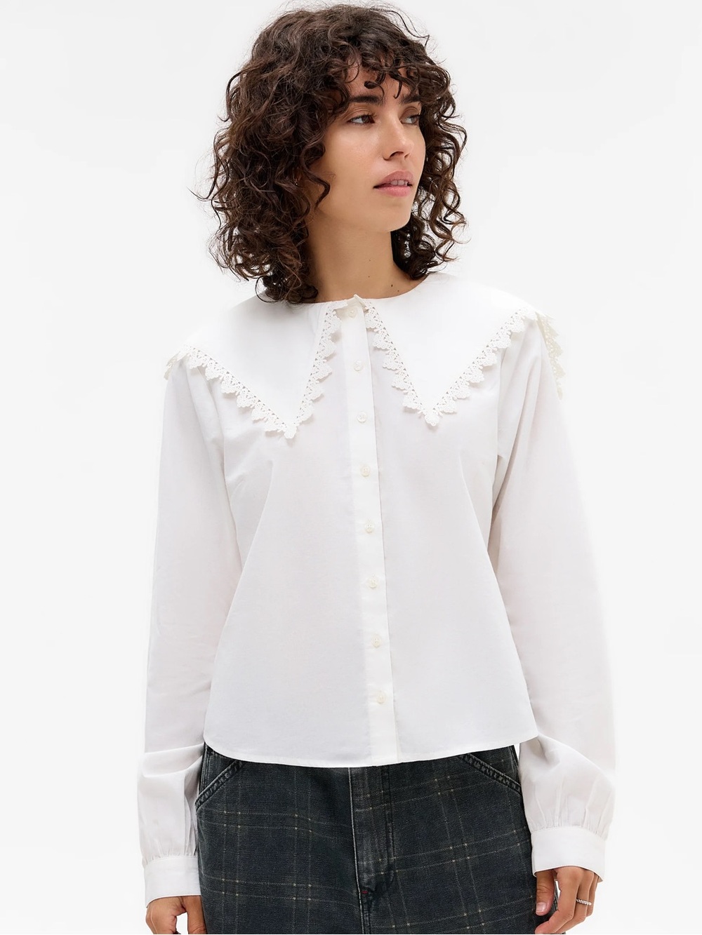 BDG White Lace-Trim Button-Down Blouse